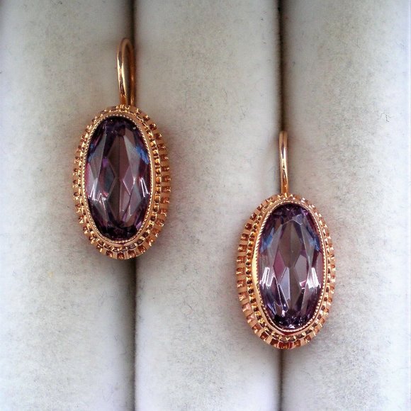 Vintage Russian USSR 14K 583 Rose Pink Gold Alexandrite Filigree Dangle EARRINGS - Picture 4 of 8